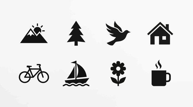 Comprehensive conceptual collection of minimalist flat vector icons, showcasing nature, travel, home, and daily life essentials in a sleek silhouette style for modern design projects