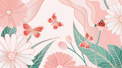 Floral ornament with butterflies and ladybug pastel pink and green © Indira