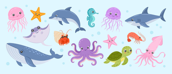 Sea life collection with whale, dolphin, shark, octopus, turtle, squid and jellyfish. Marine animals set including stingray, seahorse, hermit crab, shrimp and starfish on blue background. © Mila