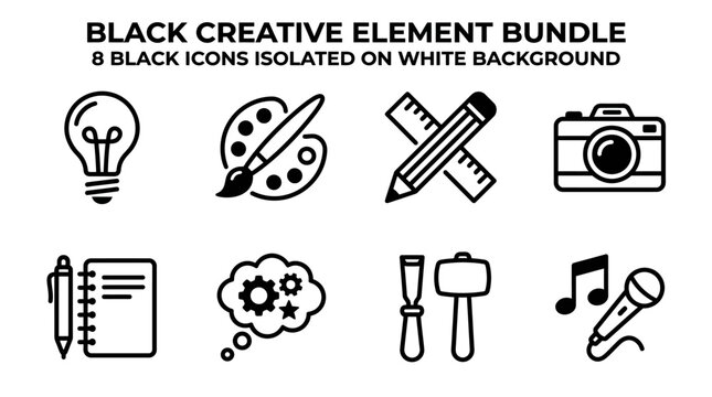 Black Creative Element Bundle 8 Icons for Design, Art, and Innovation Isolated on White Background