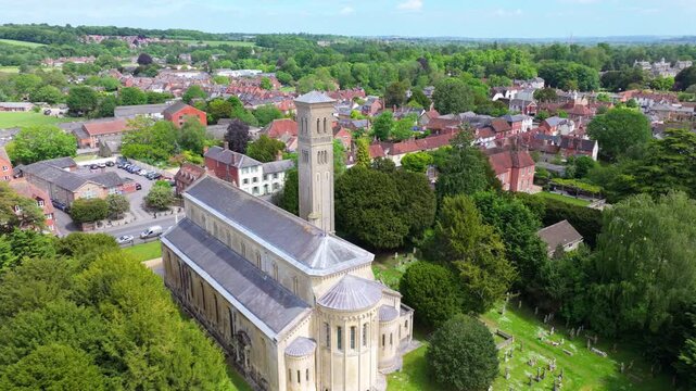 Aerial shot of Church and market town of Wilton on summer day