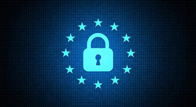 Digital security lock icon glowing on futuristic cyber background with binary code and stars