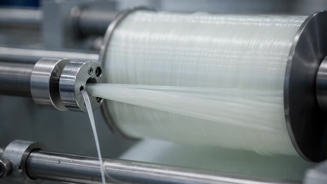 Closeup medium view of fluoropolymer monofilament extrusion highlighting the glossy flexible filament being wound designed for resistance in harsh aquatic environments