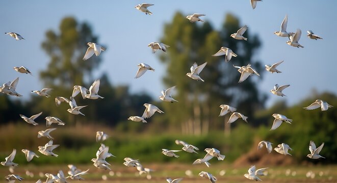 Large flock of white birds flying over a green field