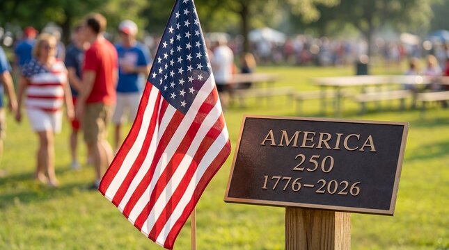USA 250th anniversary Independence Day America 250 sign flag festive closeup perspective centered symbolic detail waving flag beside 1776 2026 commemorative sign highlights official heritage message