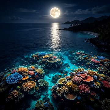 Vibrant coral reefs glow under a serene moonlit ocean at night near a tranquil beach