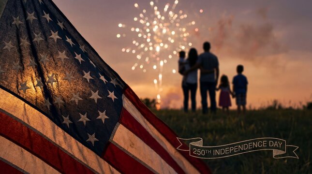 USA 250th anniversary Independence Day golden hour flag family polished holiday composition warm family gathering mood flag closeup with family gathering beyond creates warm national anniversary