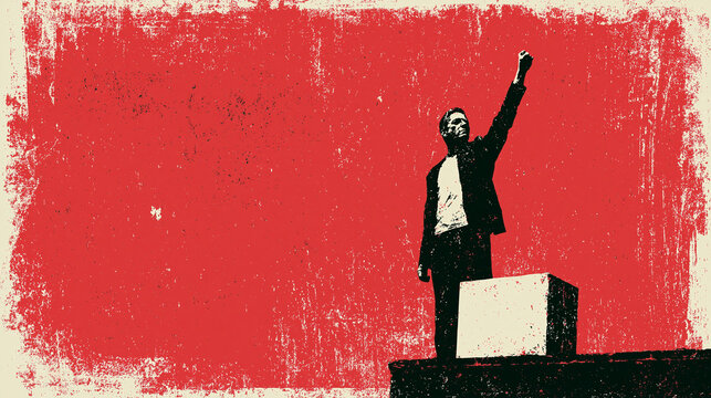 Retro grunge comic illustration of a revolutionary man raising fist on podium rallying crowd with passionate speech on red background