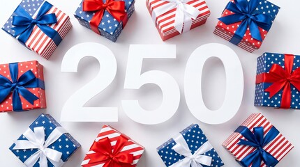 Obraz premium USA 250th anniversary Independence Day patriotic gift boxes polished holiday composition warm family gathering mood wrapped red white and blue presents with large 250 numbers create clean celebration