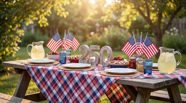 USA 250th anniversary Independence Day backyard picnic table festive closeup perspective centered symbolic detail outdoor table with lemonade flags and 250 centerpiece suggests casual family cookout