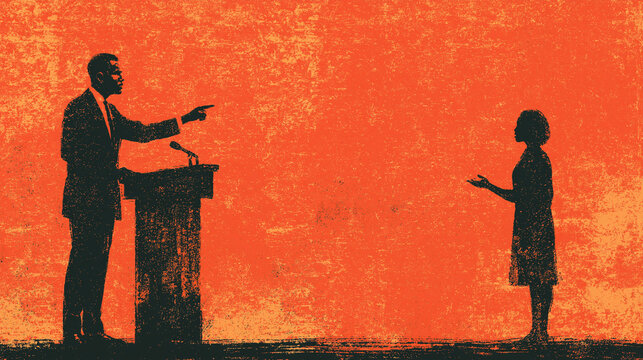 Retro grunge illustration of male politician at podium pointing at woman symbolizing gender inequality and women rights confrontation