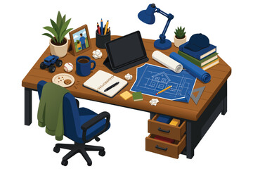 Fototapeta premium Cozy and messy fathers home office desk isometric vector illustration featuring a generic tablet device, blueprints, drafting tools, and a cup of coffee for a creative workspace environment.