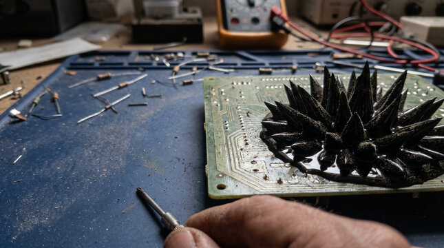 Viscous Ferromagnetic Fluid Spikes On Dull Aged Circuit Board