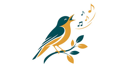 Fototapeta premium Nightingale bird illustration with branch, leaves and musical notes on white background
