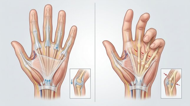 Anatomy of the hand showing tendon and ligament movement during flexion and extension