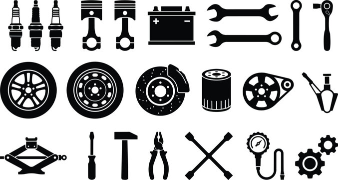 Assortment of automotive repair tools and parts are neatly arranged in a grid for clear identification and use in various designs.