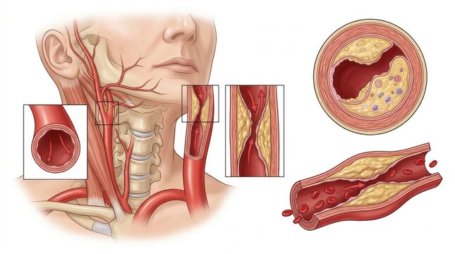 Illustration of atherosclerosis narrowing the carotid artery and blood flow