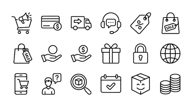 E commerce and online shopping outline icon set