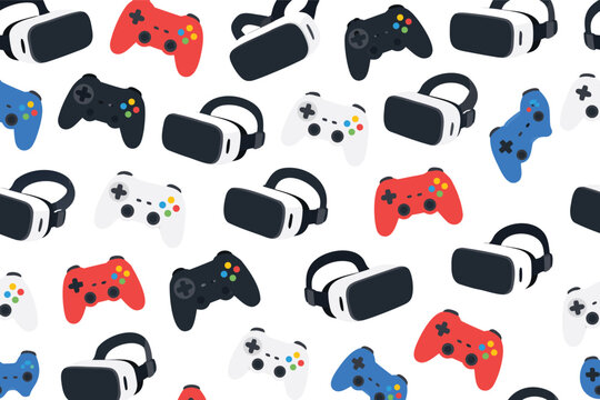 Seamless vector pattern of VR headsets and video game controllers in a flat 2D graphic style with solid colors, perfect for gaming accessories, technology branding, and digital wallpapers.