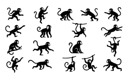 Cartoon Monkey Silhouette Vector Pack with Dynamic Jungle Animal Shapes for Creative Design © Shultana