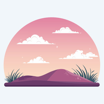 Stylized landscape with rolling hills and clouds at sunset