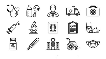 Naklejka premium Healthcare line icons set with medical equipment and hospital symbols