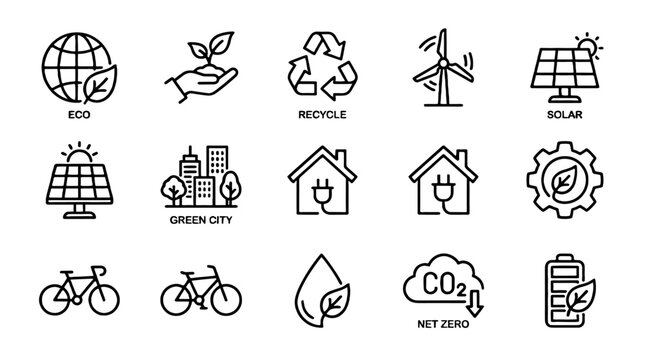 Net zero and renewable energy outline icon set