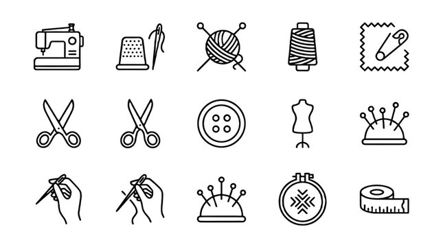 Sewing and knitting line icon set with craft tools