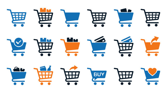 Shopping cart icon set with retail and payment symbols