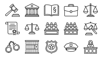 Law and justice line icon set with court and legal symbols