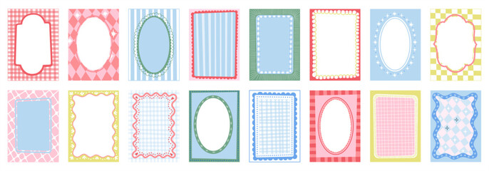 Frames, borders, and background. Vector cute illustrations of striped bakery frames with gingham, vignette, oval, and label border. Blank cake card templates for dessert menu, packaging, invitation, a © Ardea-studio