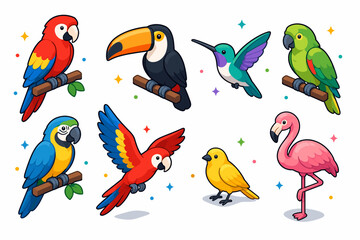 Obraz premium A colorful collection of cartoon-style birds perched on branches, featuring various species and vibrant colors