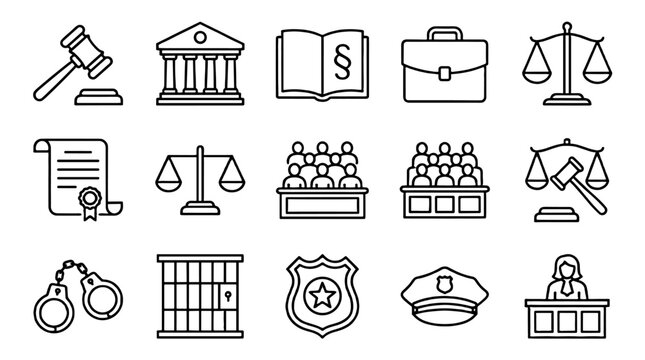Law and justice line icon set with court and legal symbols