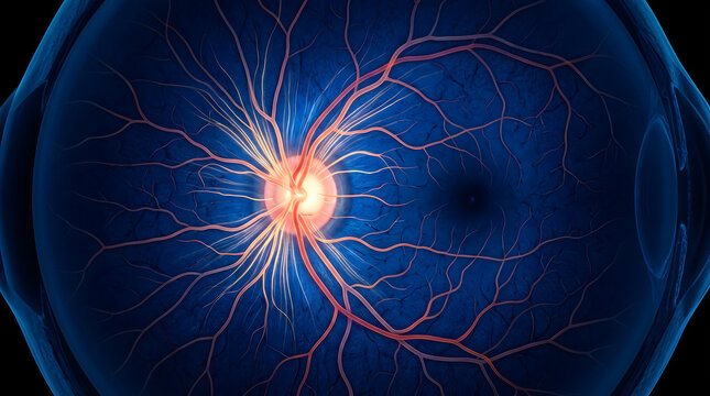 Human retina fundus anatomy. Optic disc and retinal blood vessels. Ophthalmology medical diagnostics concept
