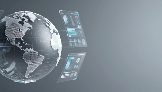 Global business background in cool grey with wireframe globe and HUD