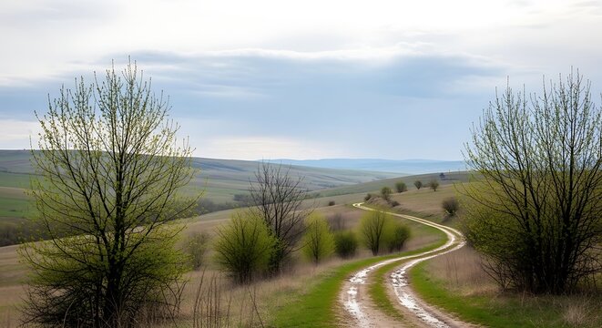 A winding country road through rolling hills and meadows in early spring.