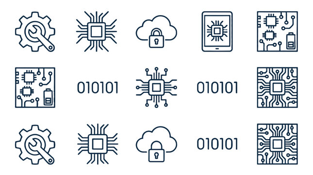 Digital technology and security line icon set collection