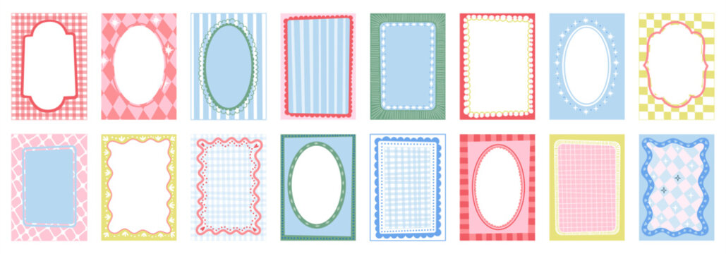 Frames, borders, and background. Vector cute illustrations of striped bakery frames with gingham, vignette, oval, and label border. Blank cake card templates for dessert menu, packaging, invitation, a