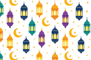 Fototapeta premium Stunning seamless vector pattern featuring glowing lanterns and crescent moons in a flat 2D graphic style with solid colors, ideal for elegant Ramadan backgrounds and Islamic holiday textiles.