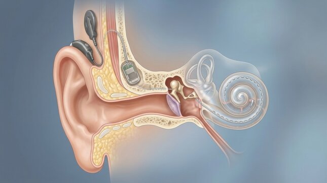 Diagram of a cochlear implant showing internal and external components within the human ear