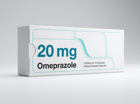 Omeprazole 20 mg delayed release capsules in white pharmaceutical packaging
