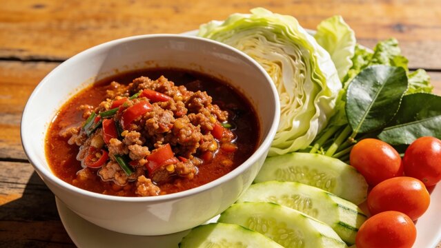 Nam prik ong chili dip with pork and tomatoes, traditional Thai food, white bowl presentation