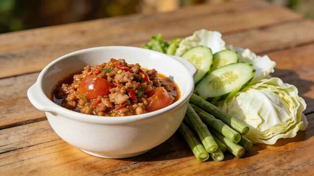 Thai Northern Style Pork and Tomato Chili Relish, nam prik ong in white bowl on wood table there is side dishes of fresh vegetables placed beside.