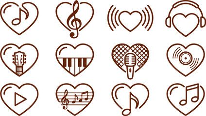 Music heart icons, love of sound, melody and rhythm, musical notes and instruments, headphones and radio. © Sadhin