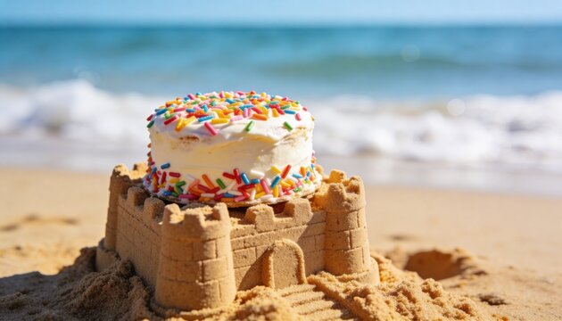 Small cake with colorful sprinkles on a sandcastle at the beach. Summer birthday celebration concept. Whimsical dessert on the shore with ocean background. Close-up shot