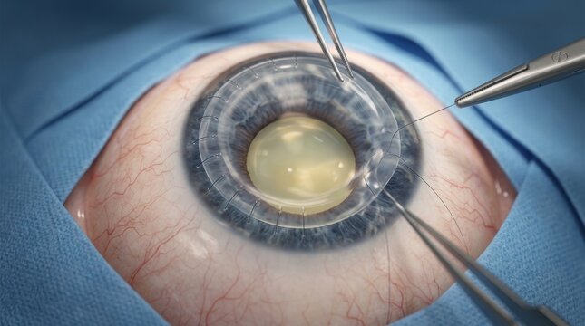 Close-up of eye surgery with instruments and sutures on the cornea