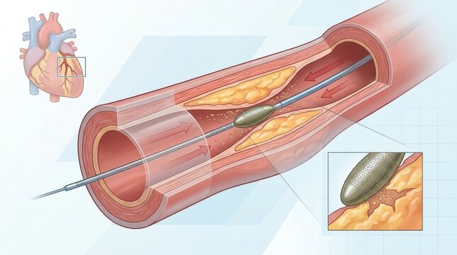 Angioplasty procedure to open blocked coronary artery with atherosclerosis