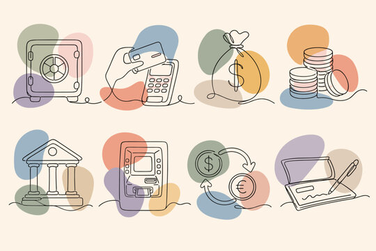 A collection of financial icons featuring a safe, payment methods, currency symbols, and banking elements in a minimalist line style