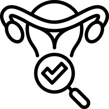 Gynecology check up. Medical exam. Uterine and ovaries under magnifier with tick. Thin line icon. Vector illustration.