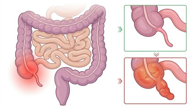 Illustration of the colon showing diverticulitis and inflammation of the intestinal wall